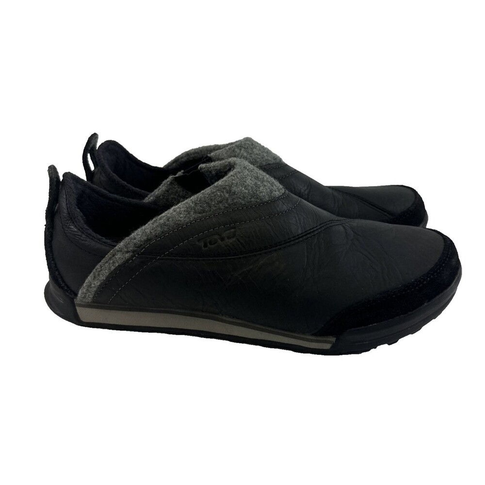 Teva Haley Slip On Shoe Black Leather Low Gray Felt Trim 1001461 Casual Womens 8